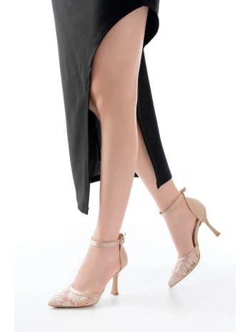 K-404 Bej Fileli Çiçek Detaylı  Kadın Topuklu Ayakkabı