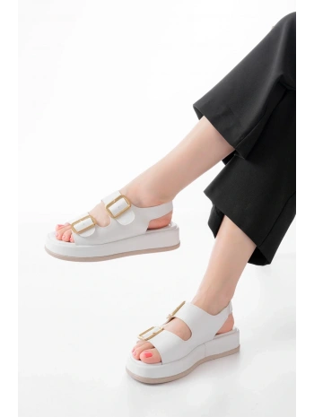 1187 Beyaz Dolgu Topuk Lastik Baretli  Kadın Sandalet