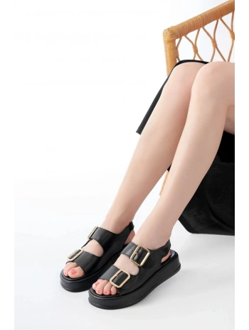 1187 Siyah Dolgu Topuk Lastik Baretli  Kadın Sandalet