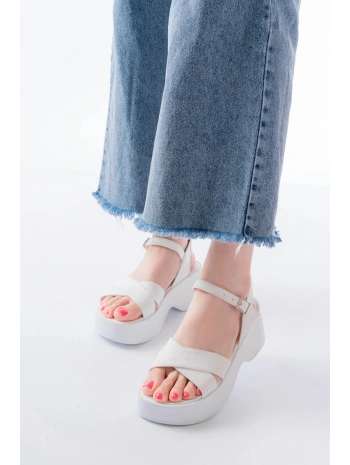24414-1005 Beyaz Günlük Çapraz Dolgu Topuk Kadın Sandalet