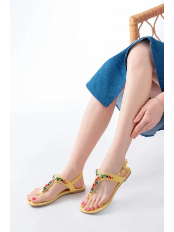 152-1110 Sarı Multi Taşlı Parmak Arası Kadın Sandalet