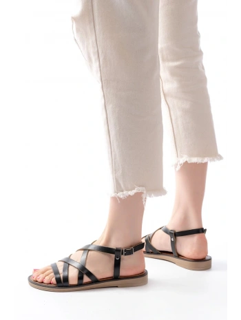 205-017 Siyah Ortopedik Hakiki Deri Kadın Sandalet