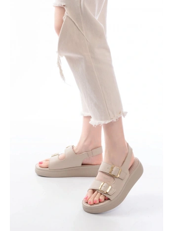 24413-572 Bej Günlük Dolgu Topuk Toka Aksesuarlı Kadın Sandalet