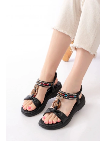 DM-608 Siyah Taşlı Arka Lastikli Günlük Kadın Sandalet