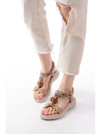 DM-608 Bej Taşlı Arka Lastikli Günlük Kadın Sandalet