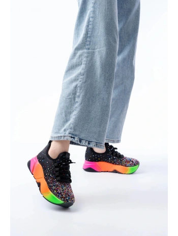 RS-403  Siyah Bağcıklı Fileli Multi Taşlı Renkli Taban Günlük Kadın Spor