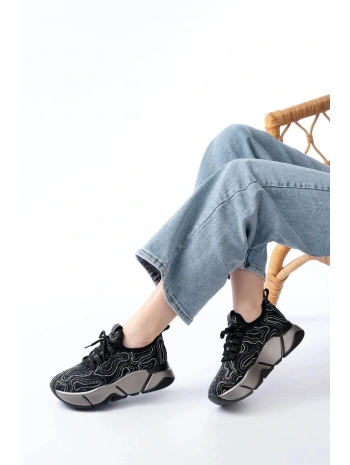 RS-402 Siyah Bağcıklı Fileli Taşlı Platin Taban Günlük Kadın Spor