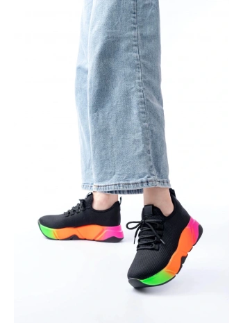 RS-400  Siyah Bağcıklı Fileli Renkli Taban Günlük Kadın Spor