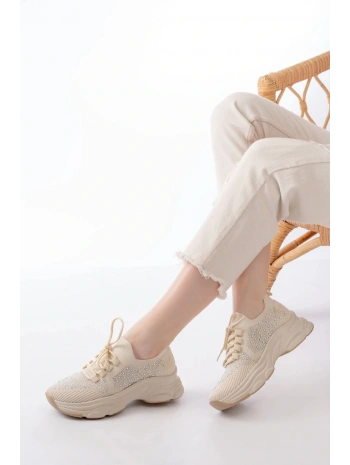 3002  Bej Bağcıklı Fileli Taş Aksesuarlı Günlük Spor Ayakkabı