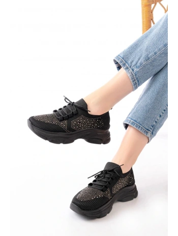 3002  Siyah Bağcıklı Fileli Taş Aksesuarlı Günlük Spor Ayakkabı
