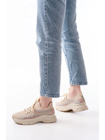 3001  Bej Bağcıklı Fileli Günlük Spor Ayakkabı
