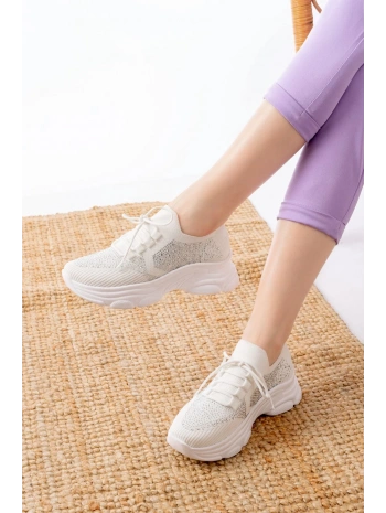 3002  Beyaz Bağcıklı Fileli Taş Aksesuarlı Günlük Spor Ayakkabı