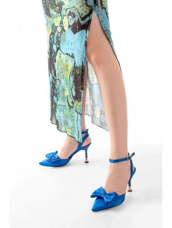İNF-4505 Mavi Saten Günlük Arkası Açık Kurdele detaylı Topuklu Bayan Ayakkabı
