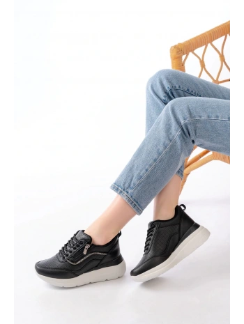 F-207 Siyah Bağcıklı Fermuarlı Taş Aksesuarlı Mevsimlik Spor Ayakkabı