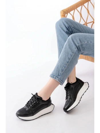 F-307 Siyah Bağcıklı Saten Taş Aksesuarlı Günlük Spor Ayakkabı