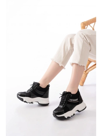 F-209 Siyah Bağcıklı Fileli Taş Aksesuarlı Günlük Spor Ayakkabı