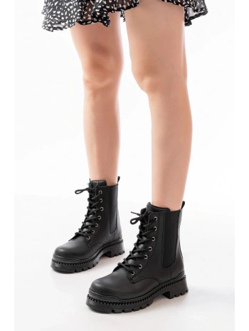 2051-298 Siyah Luna Düz Topuklu Bağcıklı Lastikli Günlük Kadın Bot