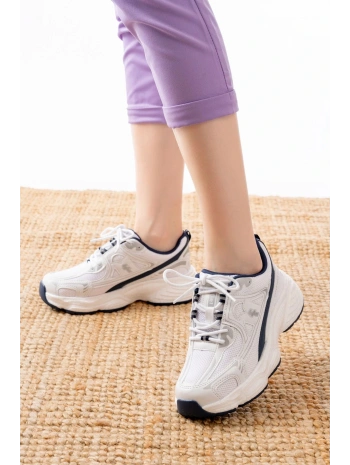 F-329 Beyaz Günlük Bağcıklı Lacivert Desenli Yazlık Spor Ayakkabı