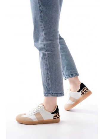 M-6006 Beyaz Garni Leopar Desenli Bağcıklı Termo Taban Günlük Kadın Spor