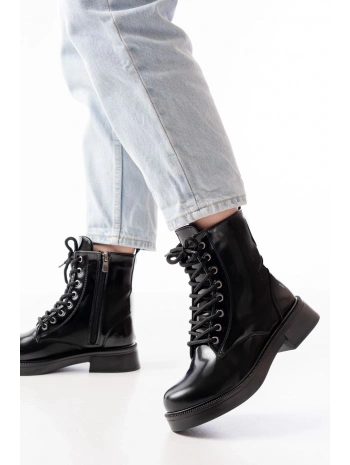 02-356 Siyah Rugan Düz Topuklu Bağcıklı Fermuarlı Günlük Kadın Bot