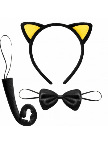Sarı Kulaklı Kedi Kostüm Seti – Taç Papyon Kuyruk 3 Parça