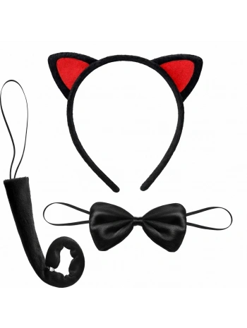 Kırmızı Kulaklı Kedi Kostüm Seti – Taç Papyon Kuyruk 3 Parça