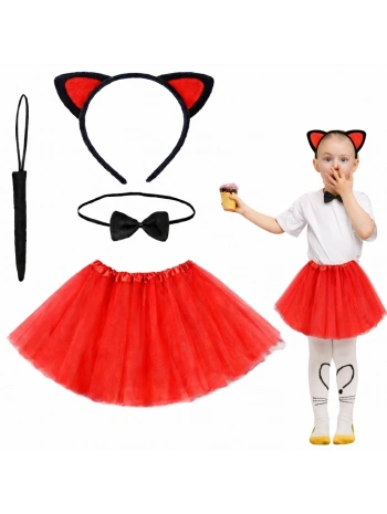 Kırmızı Renk Etekli Kedi Kostüm Seti (tütü, Taç, Papyon, Kuyruk)