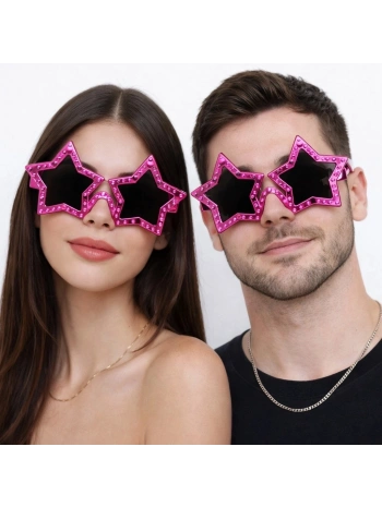 Fuşya Renk Disko Yıldızı Retro Parti Gözlüğü 16x7 Cm