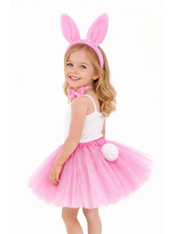 Kız Çocuk Tamamen Pembe Tavşan Kulaklı Kostüm Seti – Tütü Etekli 4 Parça