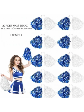 Mavi Beyaz Metalik Dolgun Gösteri Ponponu 20 Adet (10 Çift)