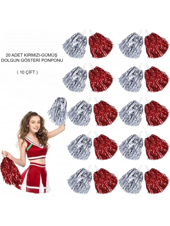 Kırmızı Gümüş Metalik Dolgun Gösteri Ponponu 20 Adet (10 Çift)