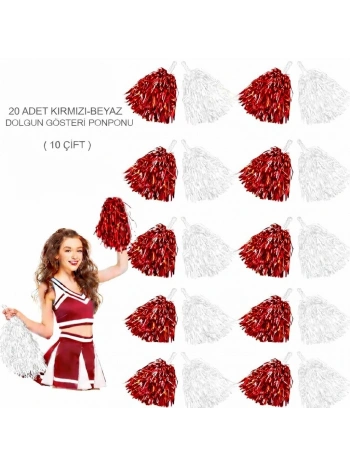 Kırmızı Beyaz Metalik Dolgun Gösteri Ponponu 20 Adet (10 Çift)