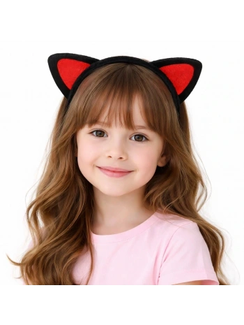 Peluş Kedi Kulak Taç Kırmızı Siyah – Çocuk Parti  Kostüm Tacı