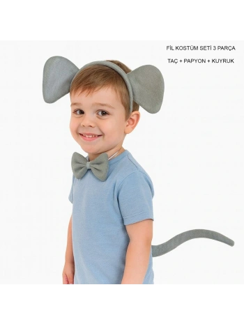 Fil Kostümü Aksesuar Seti 3 Lü - Taç Papyon Kuyruk