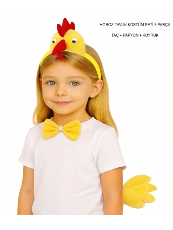 Horoz – Tavuk Kostüm Aksesuar Seti - Taç Papyon Kuyruk