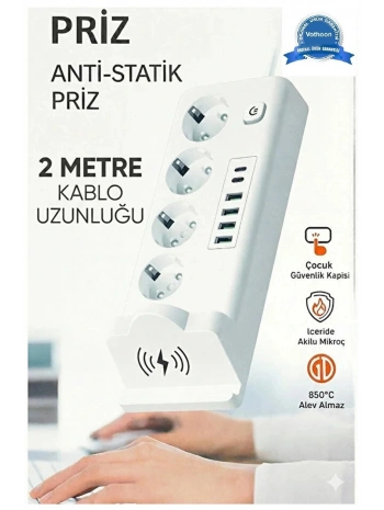 Akım Korumalı Priz Ve Masaüstü Şarj İstasyonu Kablosuz 4 Priz ,4 Usb, 2 Type-c Girişli 2 Metre