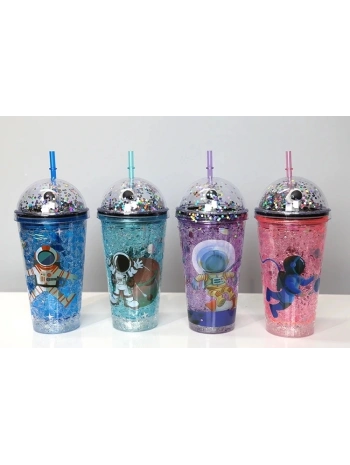 Sevimli Astronot Işıklı Pipetli Pullu Suluk & Bardak 400 Ml Alk3148