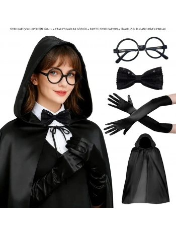 Siyah Kapüşonlu Büyücü Ve Cadı Pelerin Kostüm Seti (4 Parça)