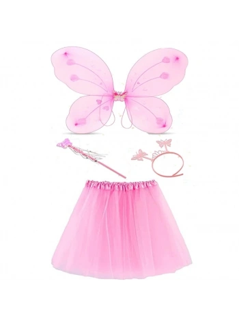 Toz Pembe Kelebek Kostümü - Toz Pembe Kelebek Kostüm Aksesuar Seti 4 Parça