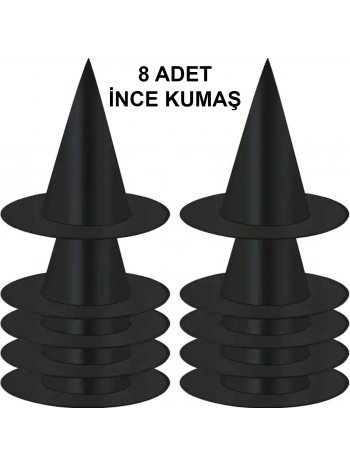8 Adet Siyah Cadı Şapkası – Yetişkin  Çocuk Kostüm Aksesuarı