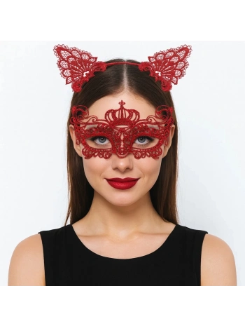 Lüks Kırmızı Dantel Taçlı Maske Seti 2 No - Parti, Balo, Kostüm Aksesuarı