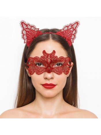 Ateş Kırmızısı Dantel Taç Ve Maske Seti 10 No - Maskeli Balo  Özel Gün Seti