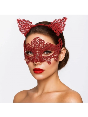 Romantik Kırmızı Dantel Maske Seti – Kedi Kulaklı Taç Ve Maske 3 No