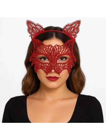 Kırmızı Dantel Kedi Maskesi Ve Dantel Taç Seti – Kadın Kostüm Aksesuarı
