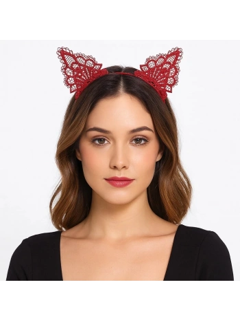 Dantelli Kırmızı Kedi Tacı - Vintage Tarz Dantel Kedi Kulak