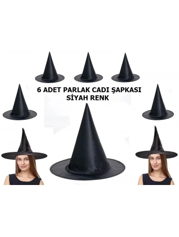 Halloween Siyah Renk Parlak Dralon Cadı Şapkası Yetişkin Ve Çocuk Uyumlu 6 Adet
