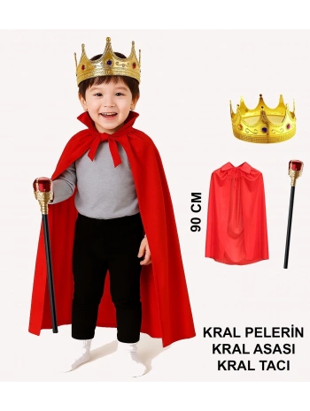 Çocuk Kral Kostüm Seti – Kırmızı Pelerin, Taç Ve Asa (90 Cm)