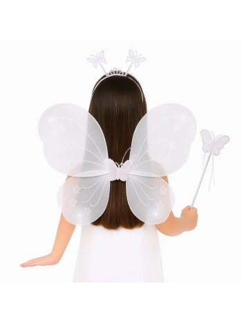 Beyaz Kelebek Kız Seti – 50 Cm Kelebek Kanadı, Taç Ve Asa