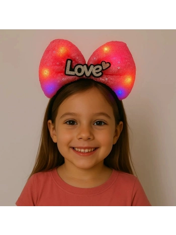 Led Işıklı Love Yazılı Fuşya Fiyonk Taç – Kız Çocuk Parti Tacı