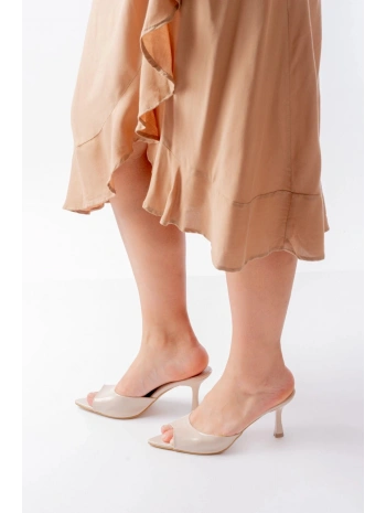 716 Bej Rugan Sivri Burunlu Topuklu Kadın Terlik